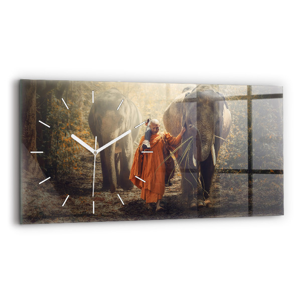 Horizontal wall clock Monk leading elephants