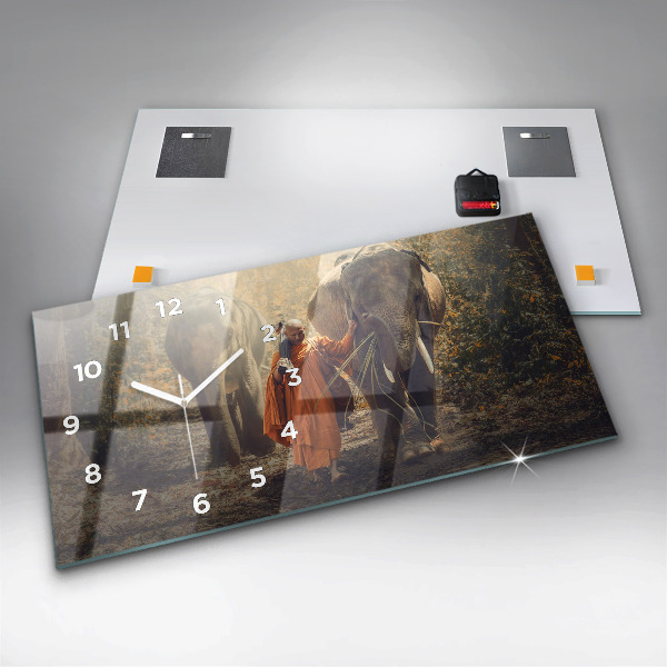 Horizontal wall clock Monk leading elephants