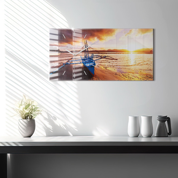 Horizontal wall clock Boat and sunset