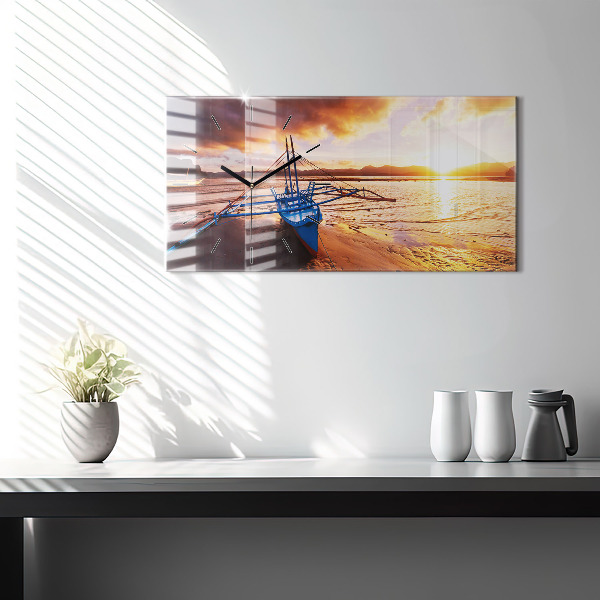 Horizontal wall clock Boat and sunset