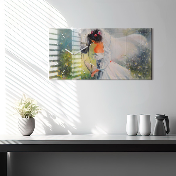 Horizontal wall clock Beautiful Woman With Horse