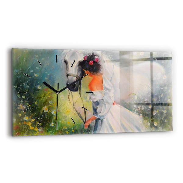 Horizontal wall clock Beautiful Woman With Horse
