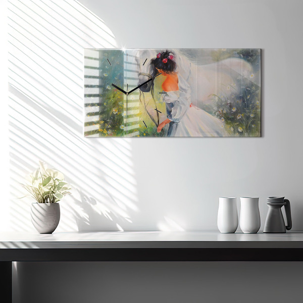 Horizontal wall clock Beautiful Woman With Horse