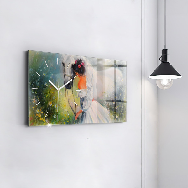 Horizontal wall clock Beautiful Woman With Horse