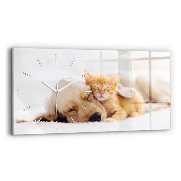 Horizontal wall clock Sleeping cat and dog