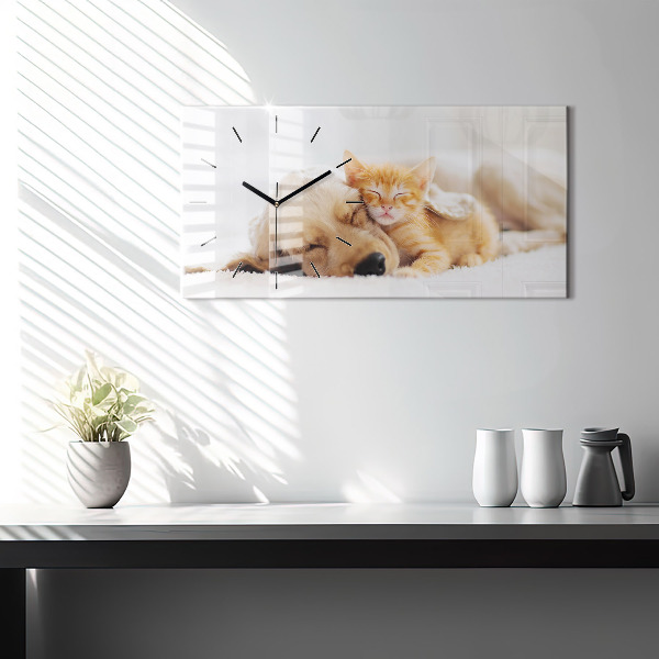 Horizontal wall clock Sleeping cat and dog