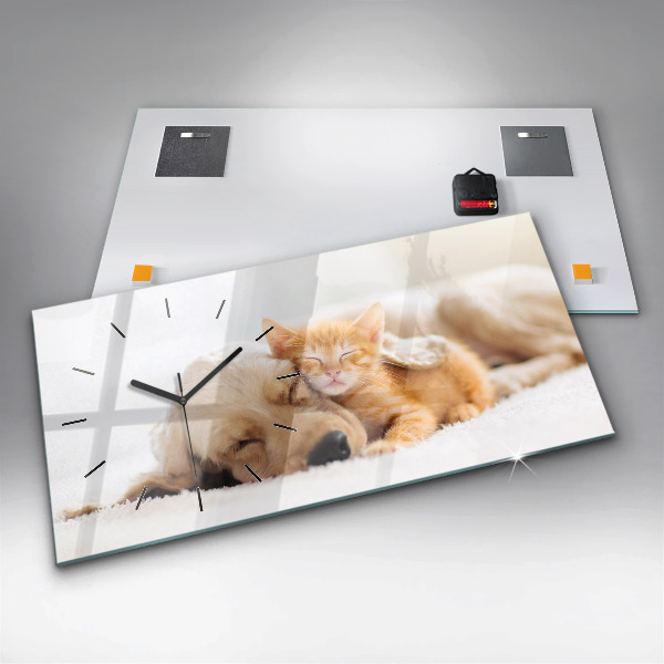 Horizontal wall clock Sleeping cat and dog