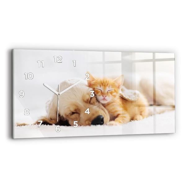 Horizontal wall clock Sleeping cat and dog