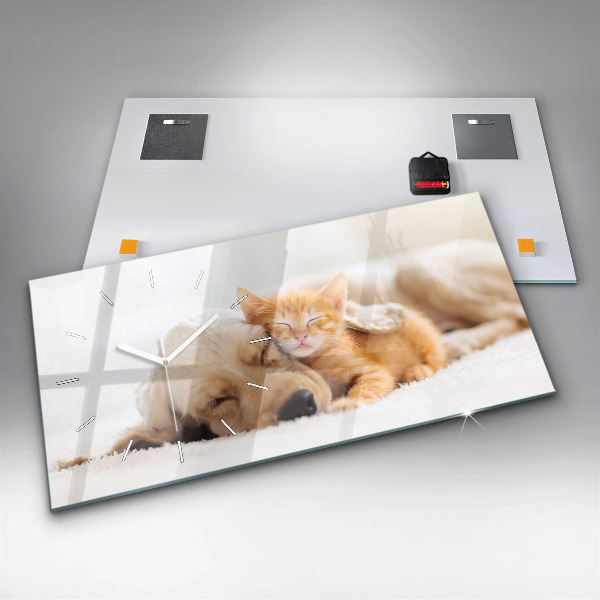 Horizontal wall clock Sleeping cat and dog