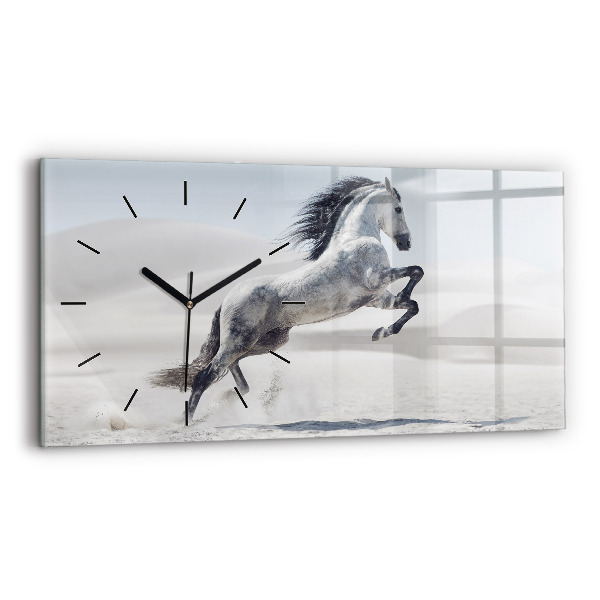 Horizontal wall clock Galloping white horse