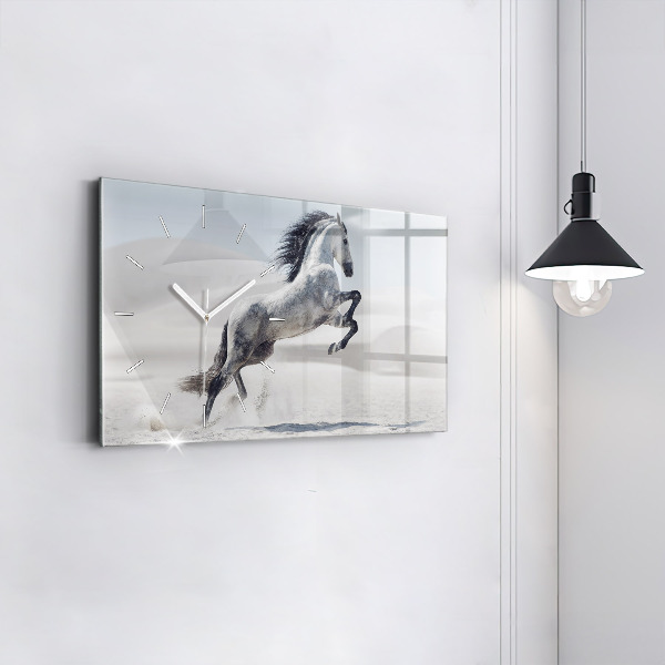 Horizontal wall clock Galloping white horse