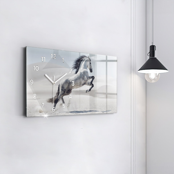 Horizontal wall clock Galloping white horse