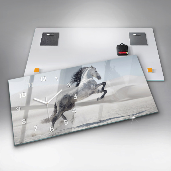 Horizontal wall clock Galloping white horse