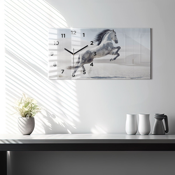 Horizontal wall clock Galloping white horse