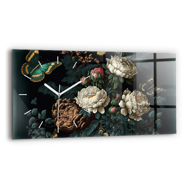 Horizontal wall clock Flower and golden butterflies