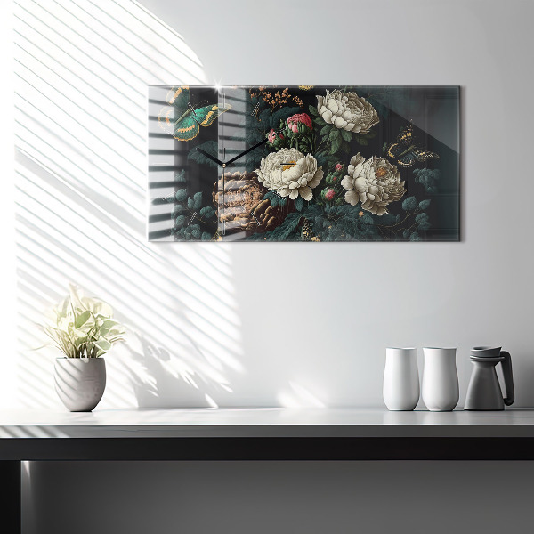 Horizontal wall clock Flower and golden butterflies