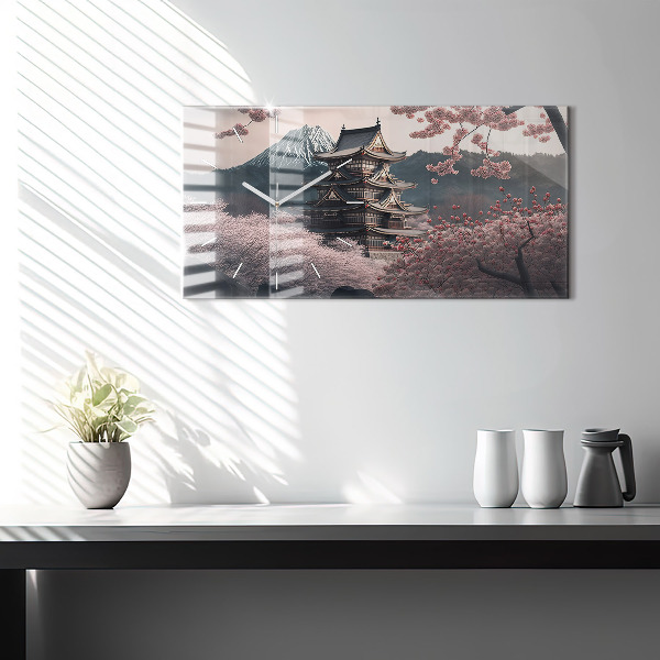 Horizontal wall clock Asian Tower Cherry Blossoms