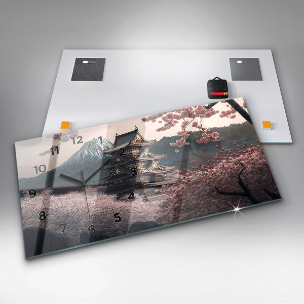 Horizontal wall clock Asian Tower Cherry Blossoms