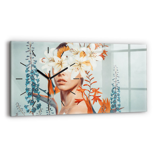 Horizontal wall clock Woman with flowers