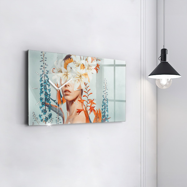 Horizontal wall clock Woman with flowers
