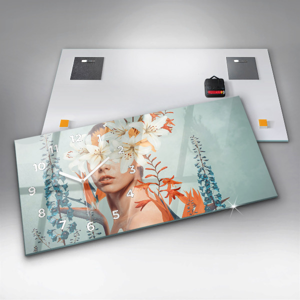 Horizontal wall clock Woman with flowers