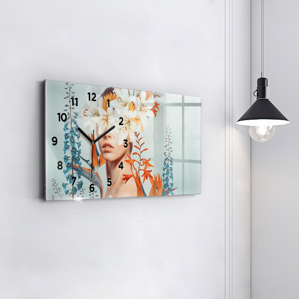 Horizontal wall clock Woman with flowers