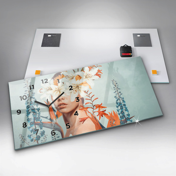 Horizontal wall clock Woman with flowers