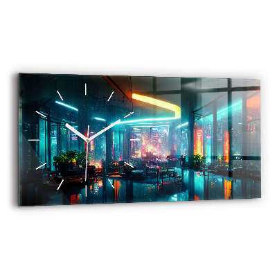 Horizontal wall clock Cyberpunk style city