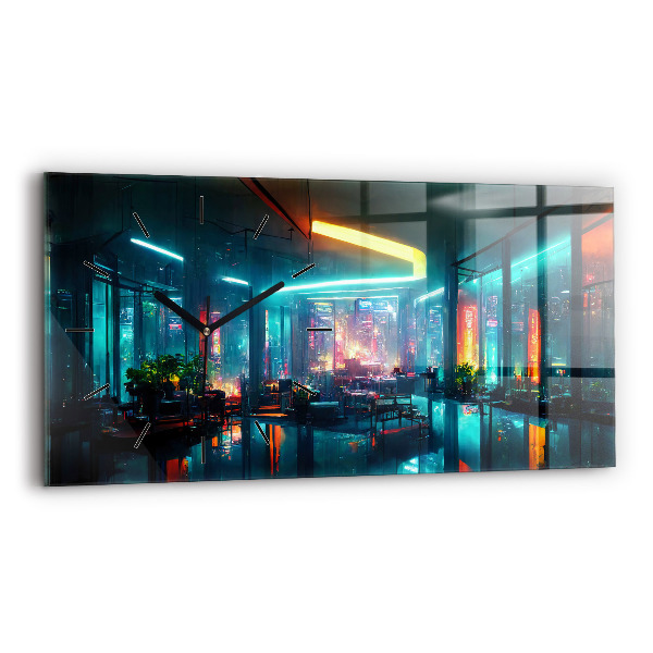 Horizontal wall clock Cyberpunk style city