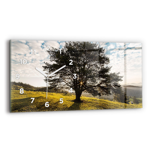 Horizontal wall clock A tree on a hill