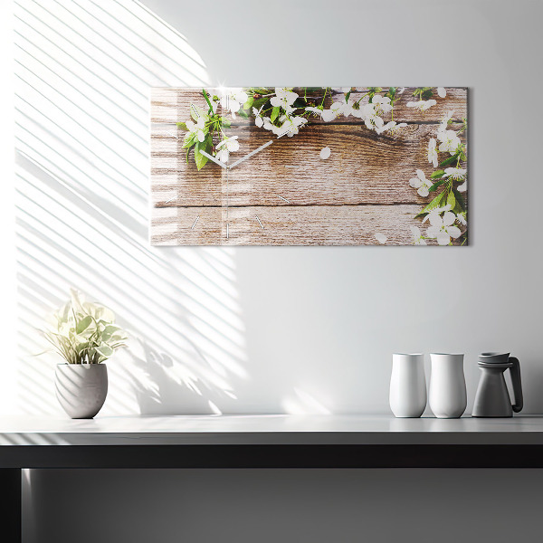 Horizontal wall clock Flowers on wood