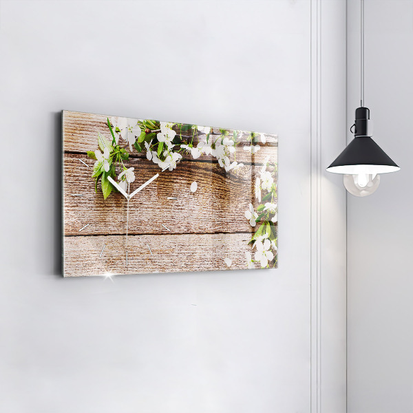Horizontal wall clock Flowers on wood