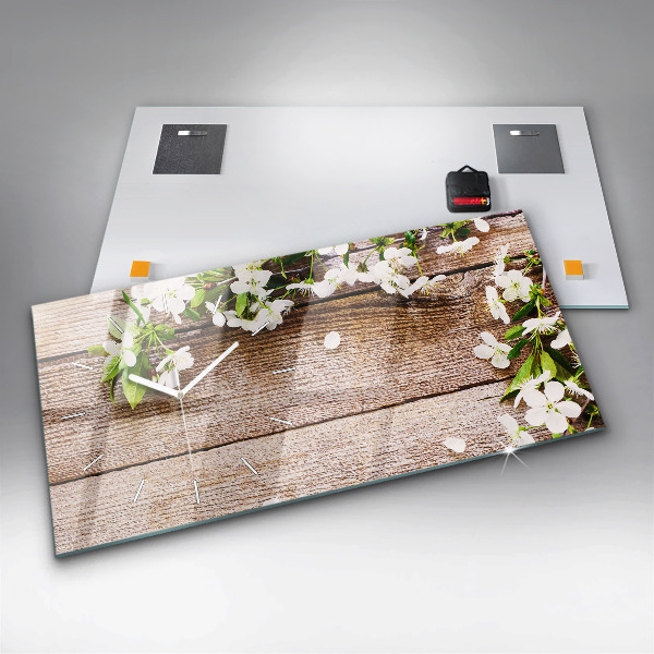 Horizontal wall clock Flowers on wood