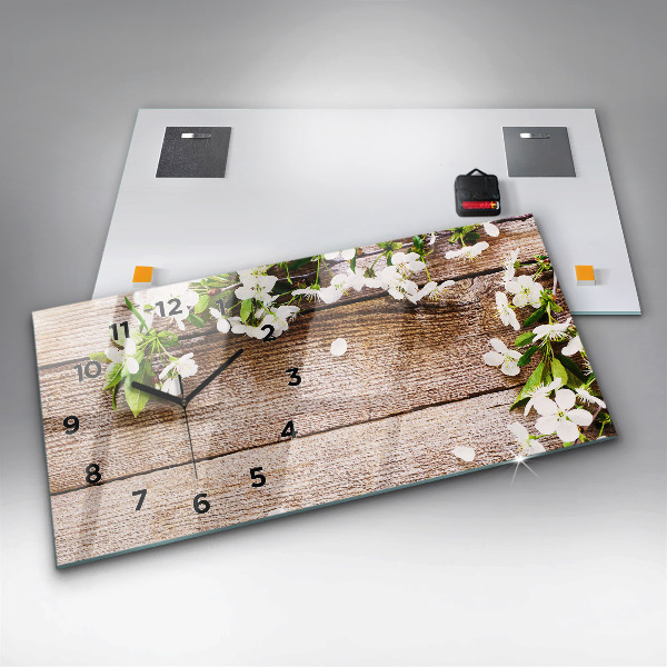 Horizontal wall clock Flowers on wood