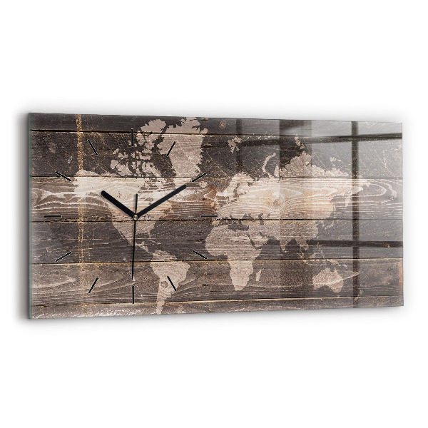 Horizontal wall clock World map on wood