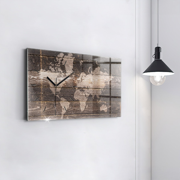 Horizontal wall clock World map on wood