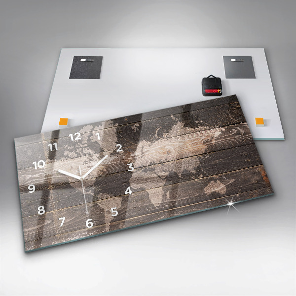 Horizontal wall clock World map on wood