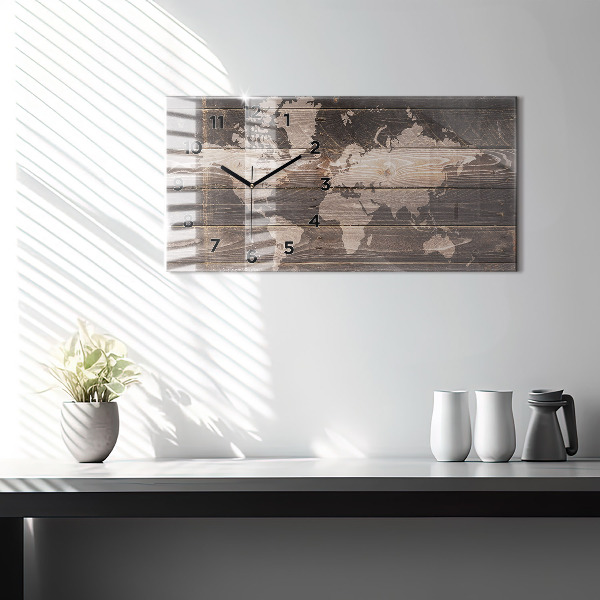 Horizontal wall clock World map on wood