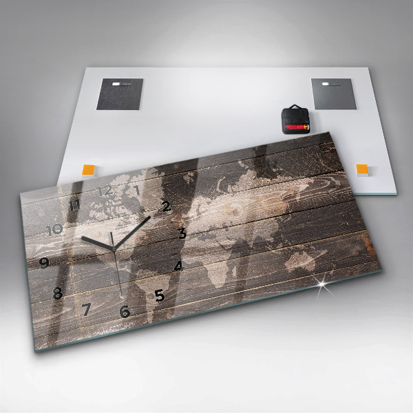 Horizontal wall clock World map on wood