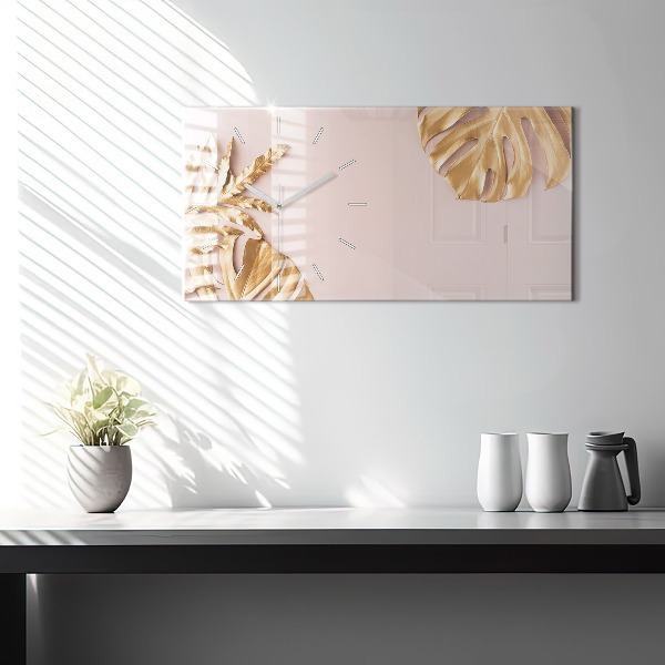 Horizontal wall clock Golden tropical leaves