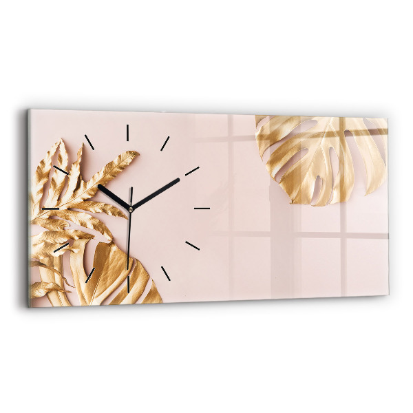 Horizontal wall clock Golden tropical leaves