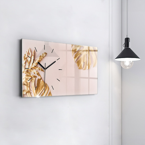 Horizontal wall clock Golden tropical leaves