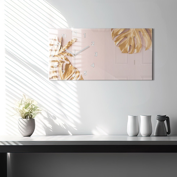 Horizontal wall clock Golden tropical leaves