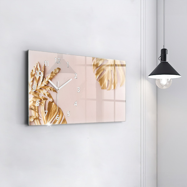 Horizontal wall clock Golden tropical leaves
