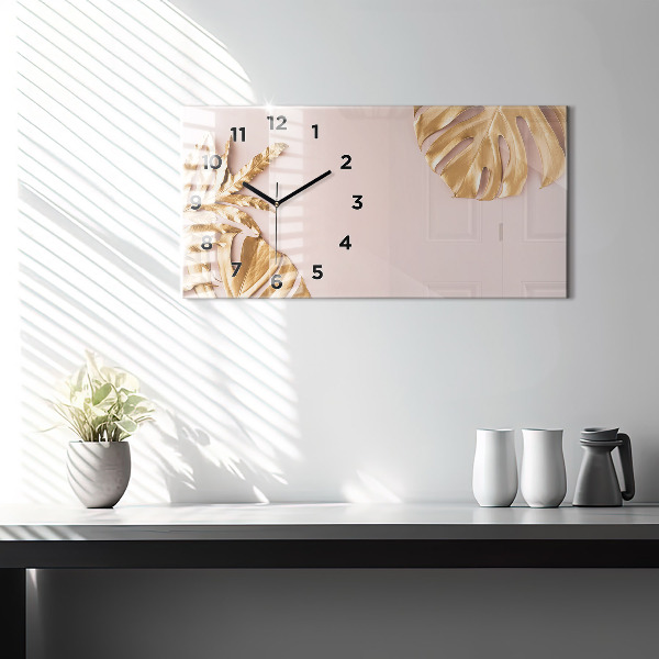 Horizontal wall clock Golden tropical leaves