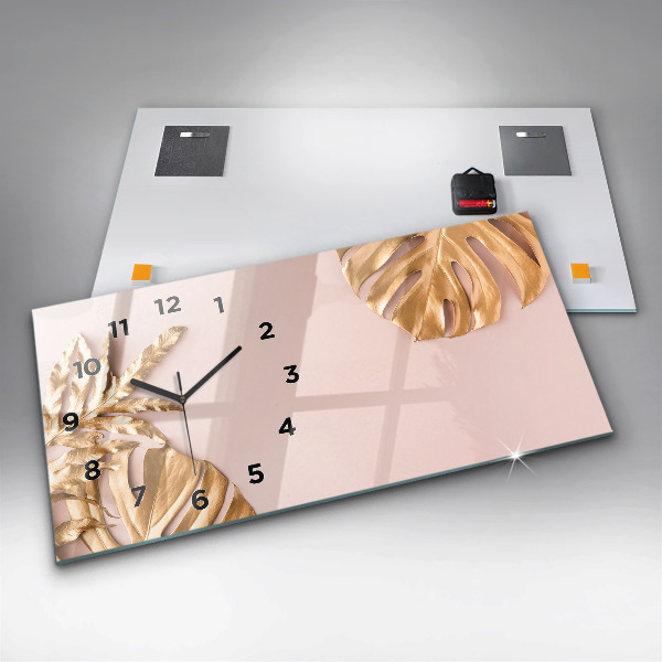 Horizontal wall clock Golden tropical leaves