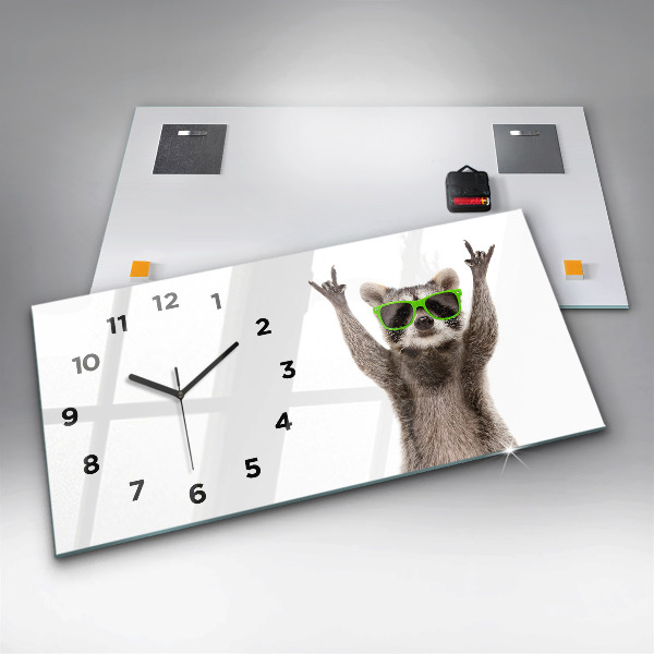 Horizontal wall clock Raccoon with glasses
