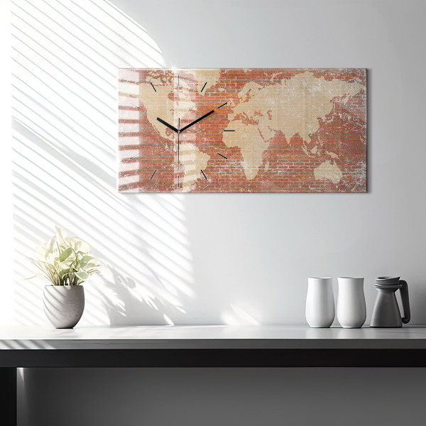 Horizontal wall clock World Map on Brick