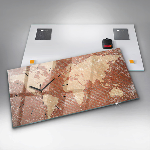 Horizontal wall clock World Map on Brick