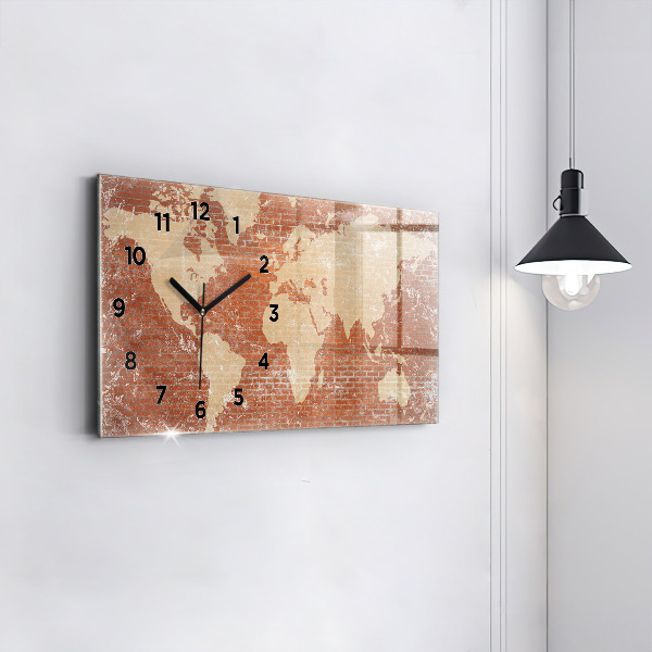 Horizontal wall clock World Map on Brick